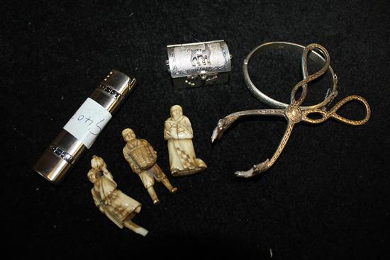 Ivory carvings, bangle box & grape scissors
